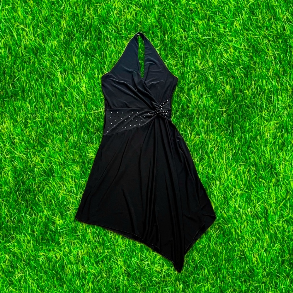 vtg 90s/y2k Taboo black asymmetric halter dress w/ rhinestones